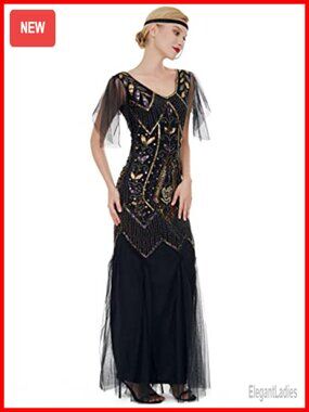 1920s Art Deco Sequin Flapper Maxi Dress V-Neck Tulle Sleeves Formal Evening